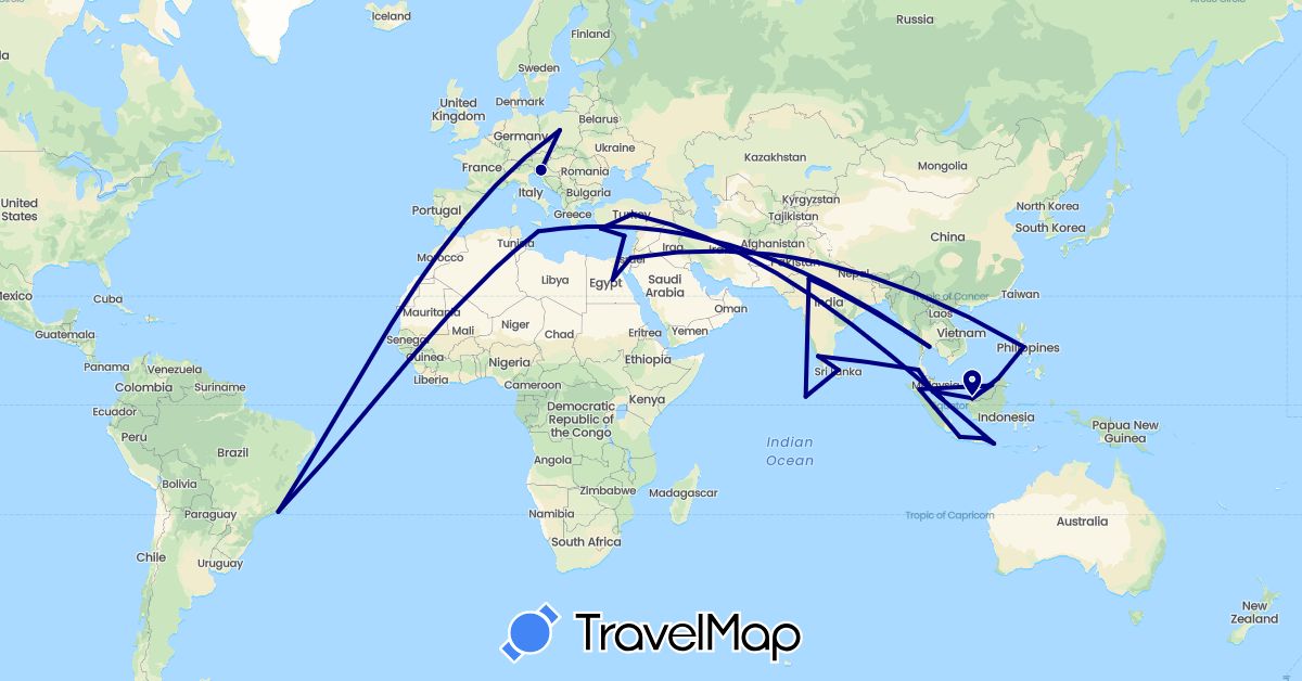 TravelMap itinerary: driving in Brunei, Brazil, Cyprus, Egypt, Greece, Indonesia, Israel, India, Sri Lanka, Malta, Maldives, Malaysia, Philippines, Poland, Singapore, Slovenia, Thailand, Turkey (Africa, Asia, Europe, South America)